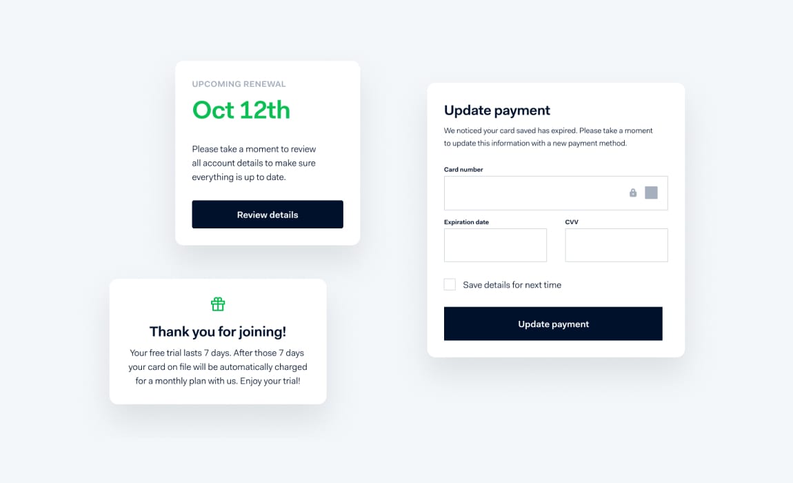 Screenshots with ways to update payment information