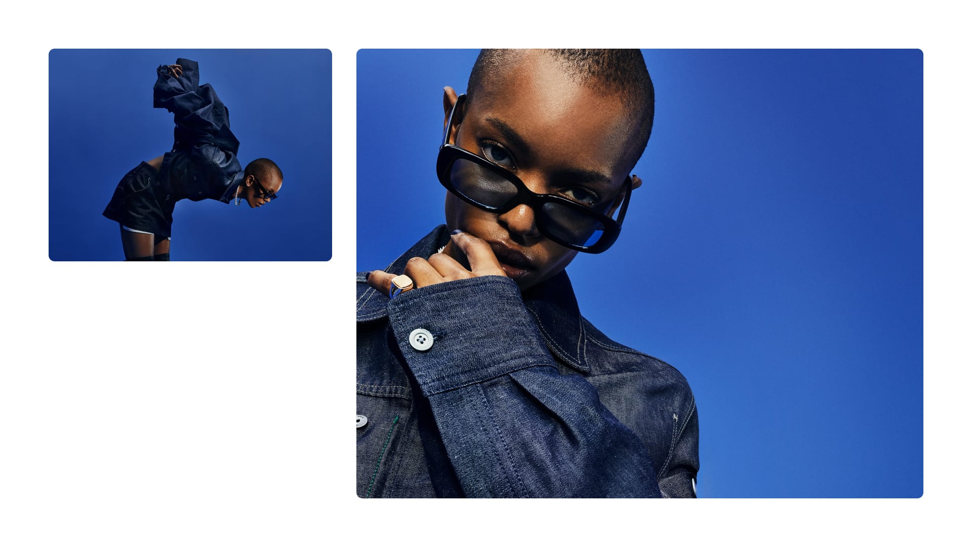 Two photos of models wearing G-Star RAW's denim. Both of them are posing with a sunglasses.
